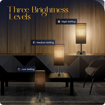 Bedside Table Lamp for Bedroom - Touch Small Lamp with USB C+A Charging Ports & AC Outlets, 3 Way Dimmable Nightstand Light for Living Room (LED Bulb Included, Grey)