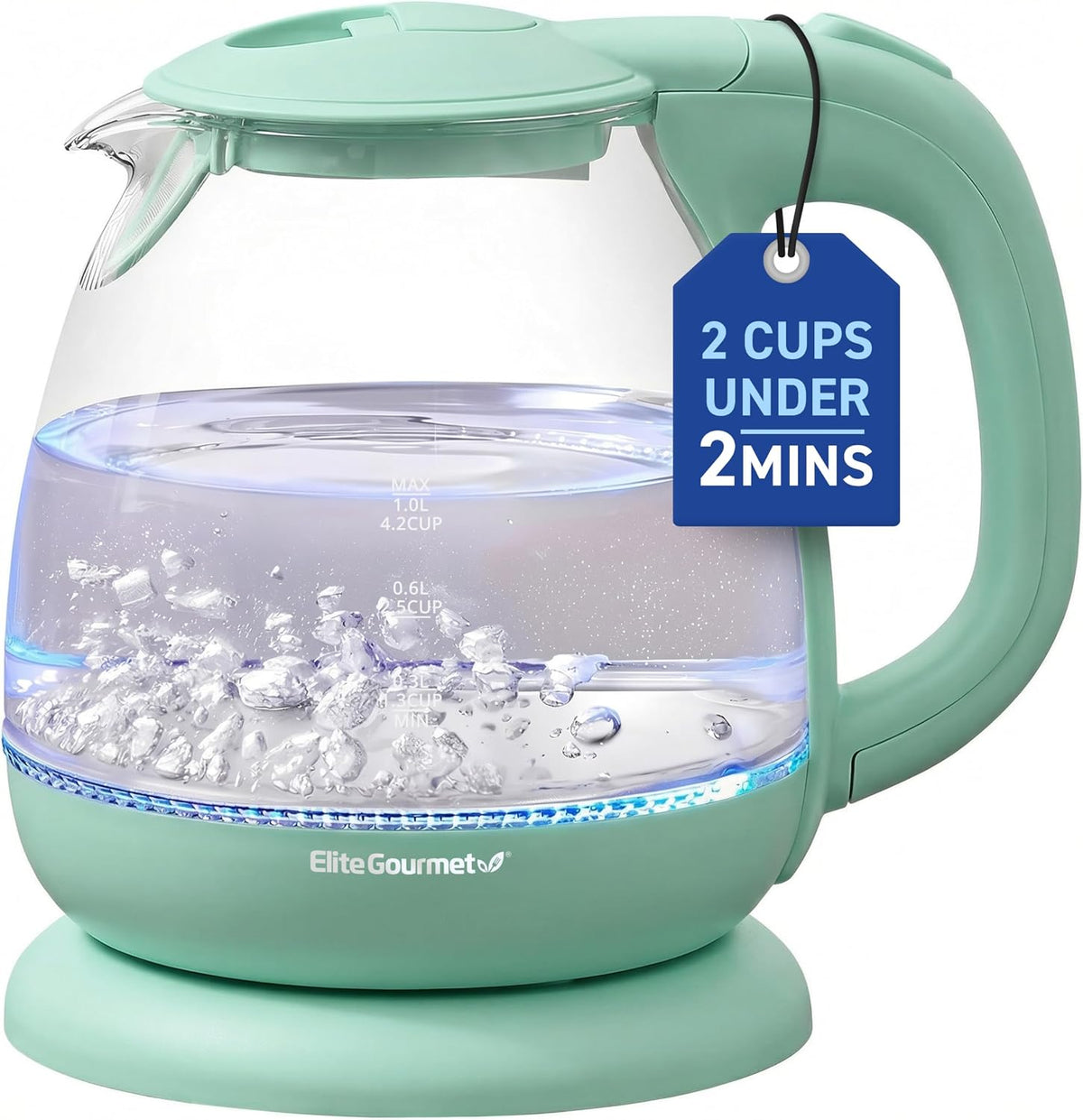 Elite Gourmet 1L Glass Electric Water Kettle, BPA-Free Fast Boil, Mint