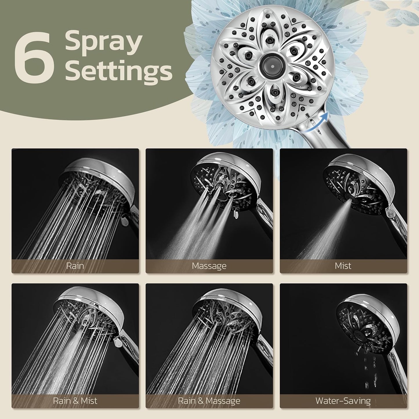 6-Setting Shower Head with Handheld, JDO High Pressure Hand held Shower Head, 4.7 Inch Chrome Detachable Showerhead Set with 59 Inch Stainless Steel Hose and Adjustable Showerhead Holder
