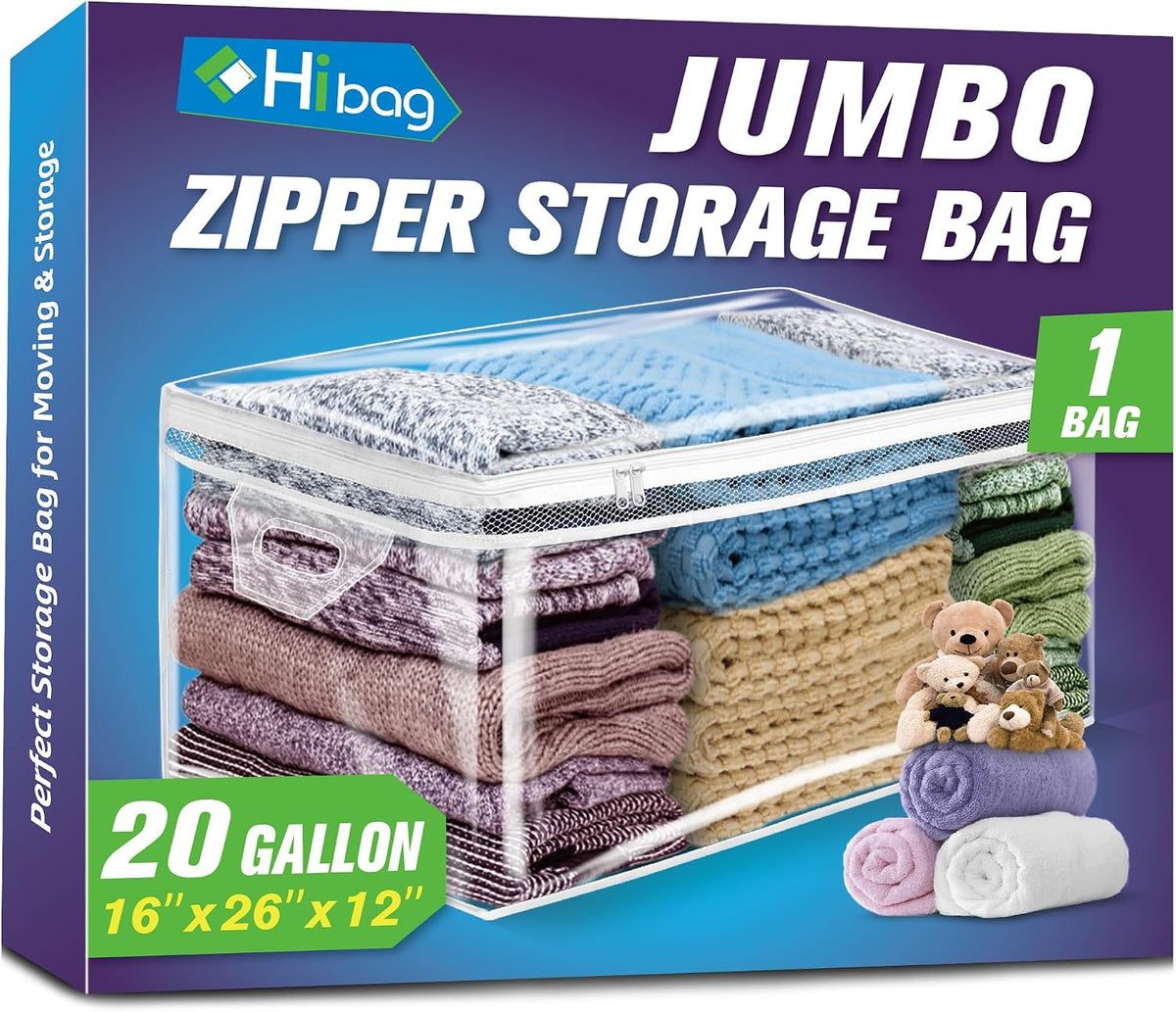 HIBAG 20 Gallon Large Storage Bag for Clothes, Zipper Clothing Storage Bag, Clear Organizer with Reinforced Handles, for Comforters Blankets Pillows Bedding