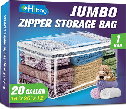 HIBAG 20 Gallon Large Storage Bag for Clothes, Zipper Clothing Storage Bag, Clear Organizer with Reinforced Handles, for Comforters Blankets Pillows Bedding