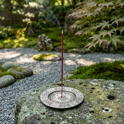 Hosley Tibetan Style Aluminum Incense Burner & Candle Holder - Aged Silver Finish, 4.5" Diameter Incense Stick Holder for Aromatherapy, Meditation & Home Decor