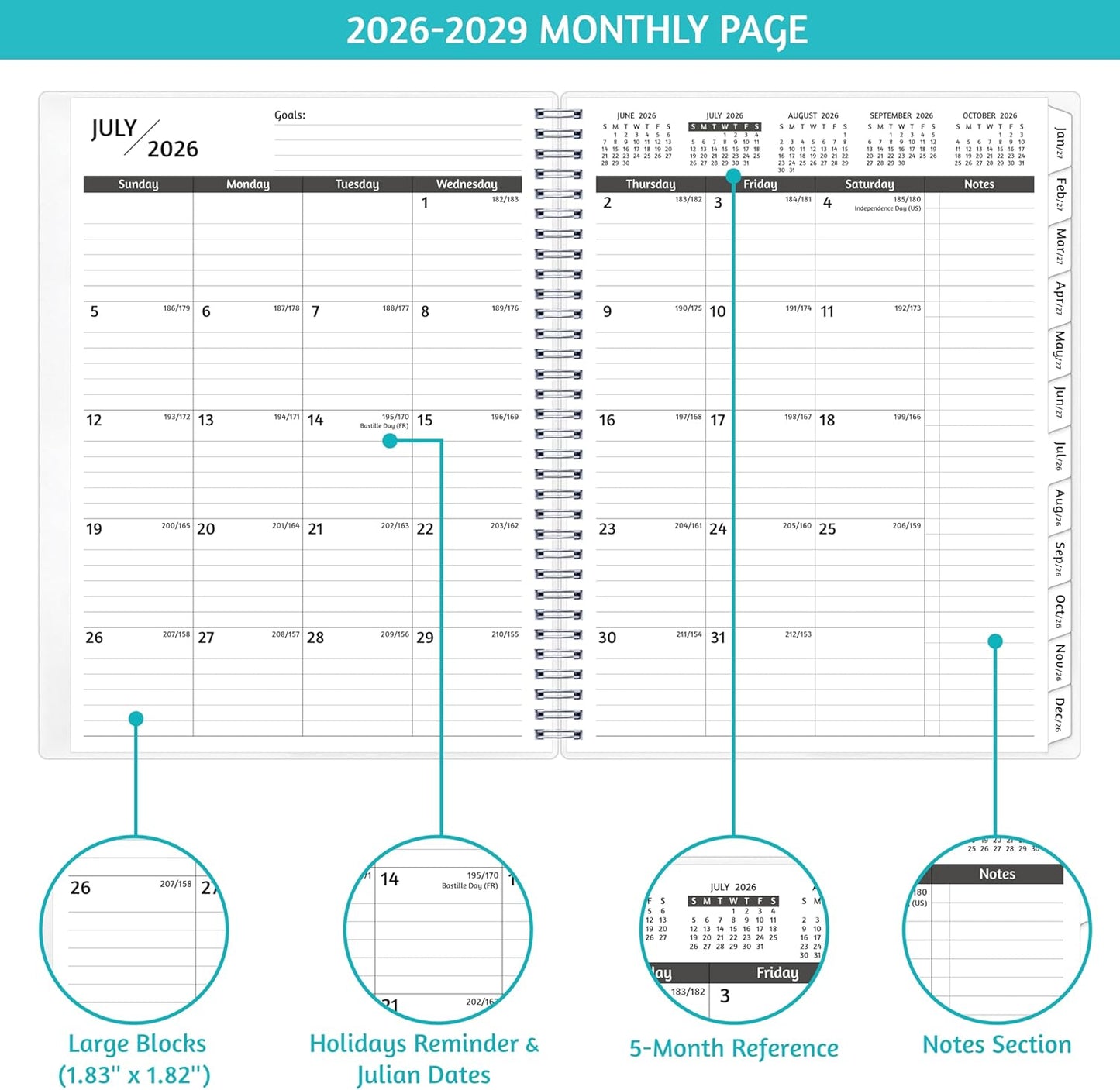 Monthly Planner 2026-2029, 36 Months Calendar Planner 2026-2029 from Jul 2026 – Jun 2029, 8.5'' x 11'' with Ruled Spread, Flexible Cover, Spiral Wirebound, Pocket, Coated Tabs, Notes ＆ Habit Tracker