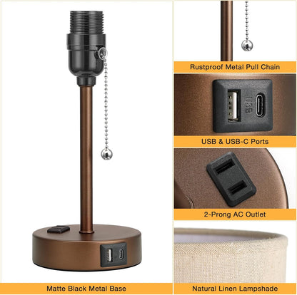 Small Bedside Table lamp for Bedroom - 3 Color Temperatures Bedside Lamps with USB C and A Ports, Pull Chain Table Lamps with AC Outlet, White Nightstand Lamps with Black Metal Base for Kids Reading