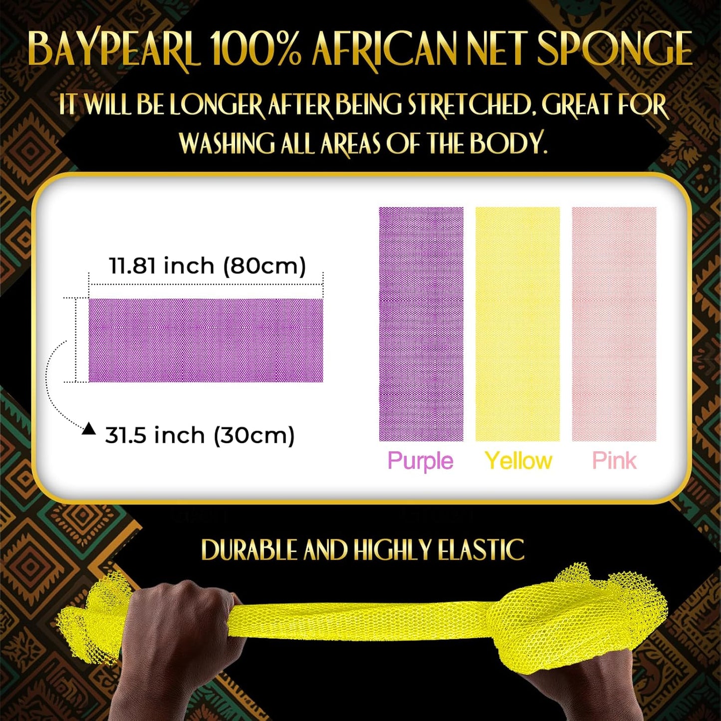 UJFQBH 3 Pieces African Bath Sponge African Net Long Net Bath Sponge Exfoliating Shower Body Scrubber Back Scrubber Skin Smoother,Great for Daily Use (Pink,Yellow,Purple)