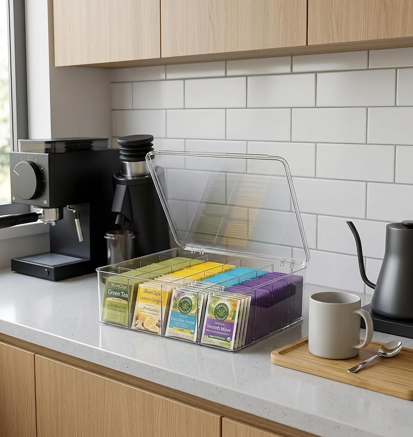 Tea Bag Organizer With Lid - Extra Large Clear Tea Box for Tea Bags Storage