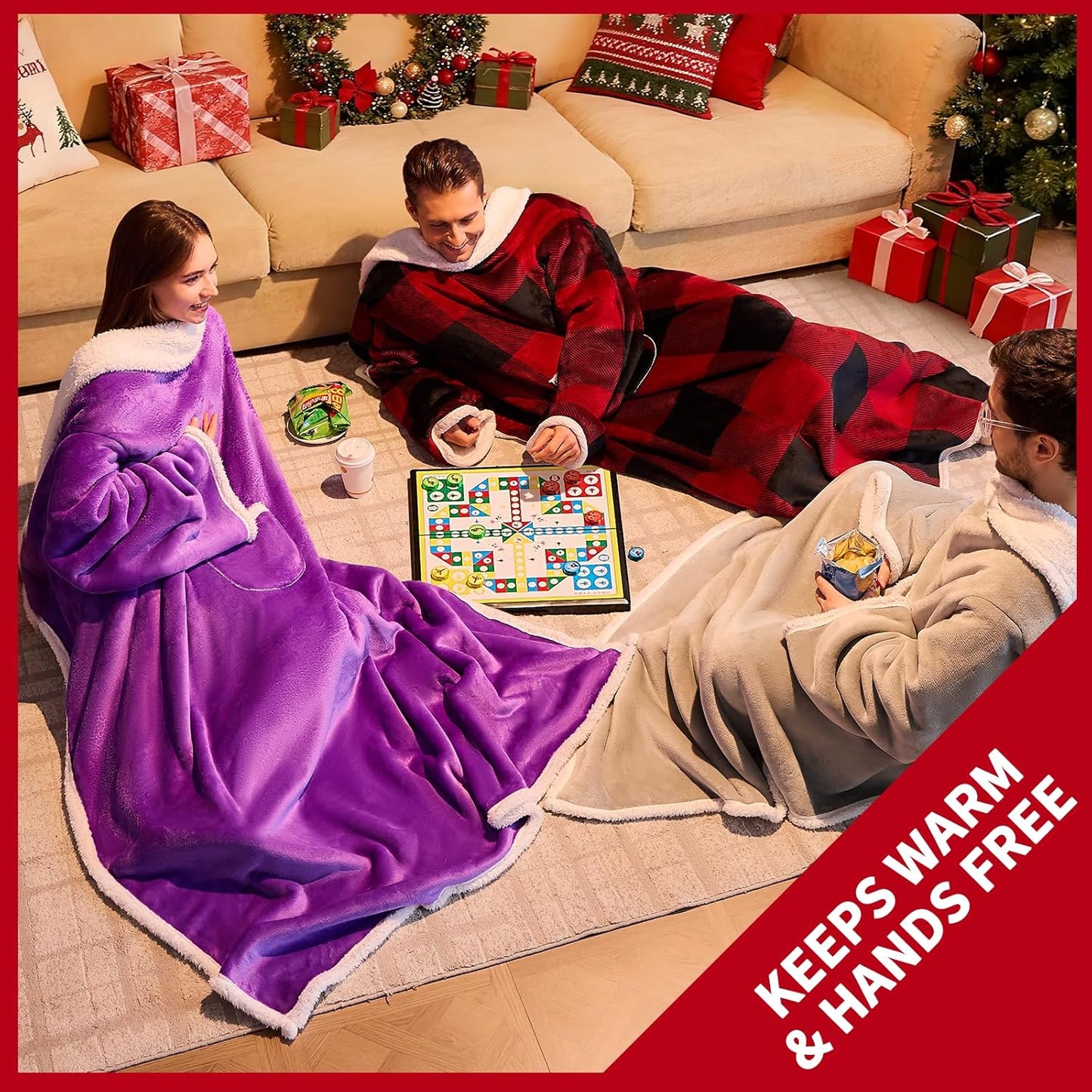 IFNOW Sherpa Wearable Blanket with Sleeves for Women Men Adults, Christmas Birthday Gifts for Women Mom Wife, Cozy Wearable Blanket with Arm and Pocket, Warm Full Body TV Wrap Throw Blanket, Grey