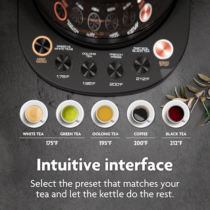 Viante Alba Electric Tea Kettle with Infuser, No Plastic In Contact With Water, 1.5L Borosilicate Glass, 304 Stainless Steel, 4 Temperature Presets, Keep Warm, Cordless, Auto Shut-Off