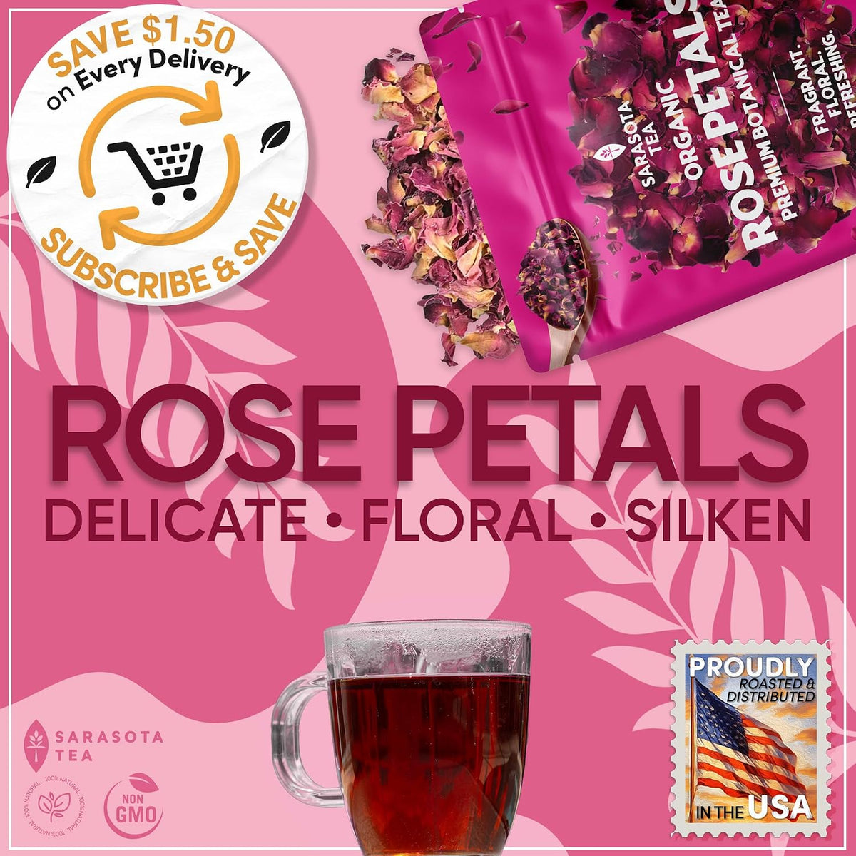 Organic Rose Petals 4.4oz | USDA Organic Dried Rose Petals for Tea, Culinary & Baking | Edible Rose Flowers | Caffeine Free Herbal Tea | Non-GMO | Floral & Aromatic