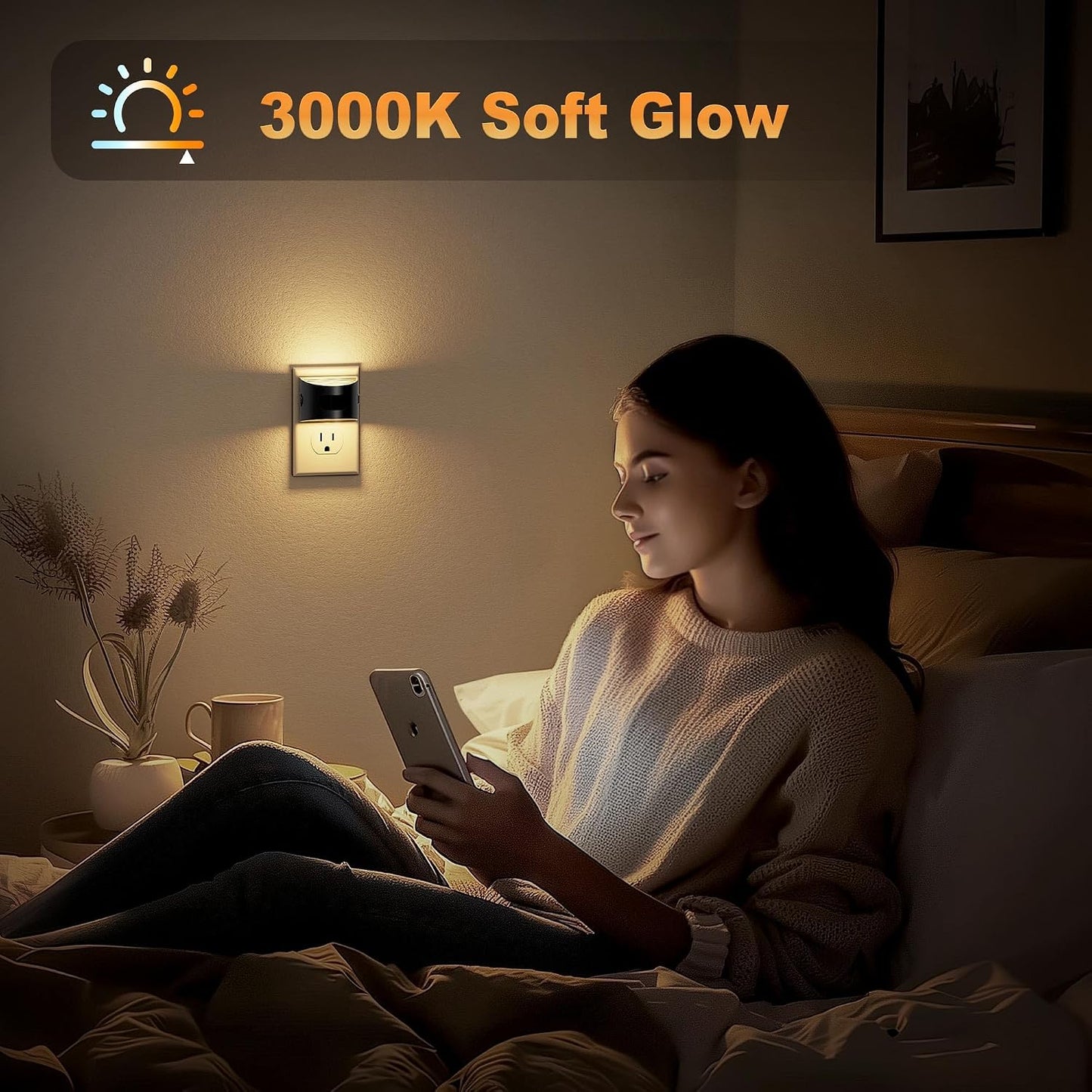 JandCase Night Light, Modern Night Lights Plug into Wall,2 Pack Dusk to Dawn Sensor Nightlight, Amber Brightness Adjustable Nightlight for Kids Bathroom Hallway Kitchen Bedroom Decor