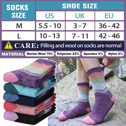 Sandsuced Merino Wool Hiking Warm Socks Thermal Winter Cozy Crew with Cushioned Sole & Moisture Wicking 5 Pairs for Women