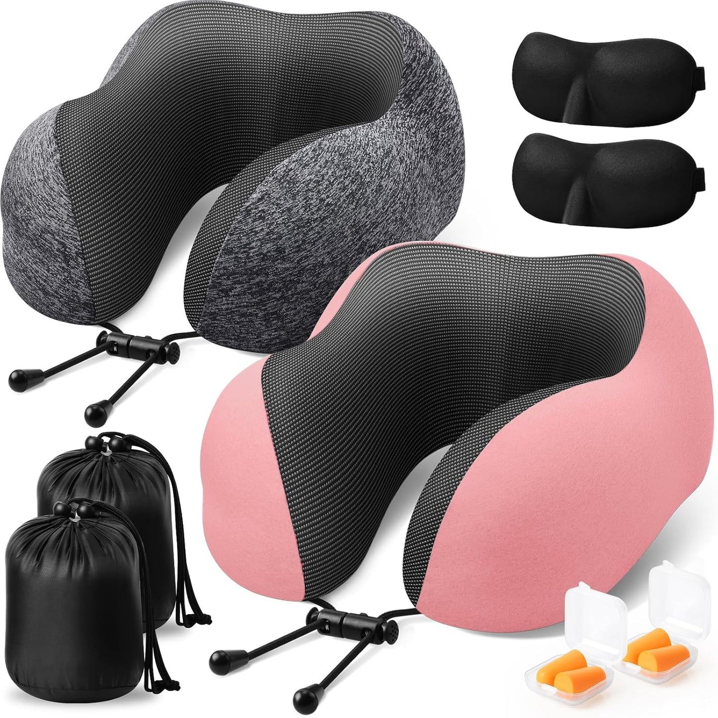 ExploreBliss Travel Pillow, Travel Pillows for Sleeping Airplane, Neck Pillow Airplane, Memory Foam Neck Pillow Set with Eye Mask, Earplugs and Storage Bag -Grey