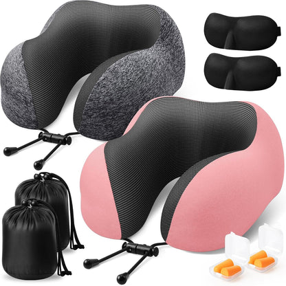 ExploreBliss Travel Pillow, Travel Pillows for Sleeping Airplane, Neck Pillow Airplane, Memory Foam Neck Pillow Set with Eye Mask, Earplugs and Storage Bag -Grey