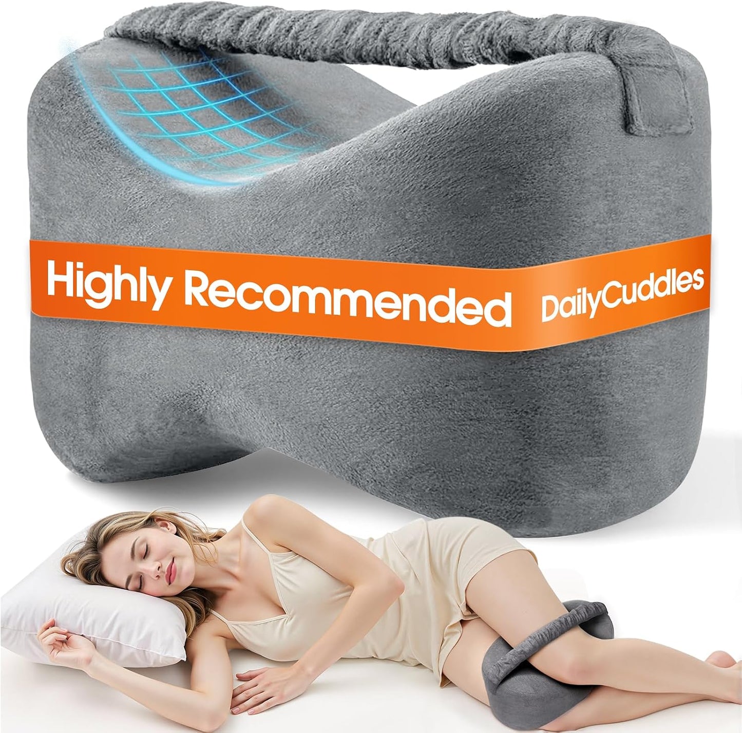 Knee Pillow for Side Sleepers with Strap, Supportive Memory Foam Leg Pillow for Side Sleeping & Spine Support, Ergonomic Curved Design for Hips and Back, Light Grey
