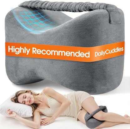 Knee Pillow for Side Sleepers with Strap, Supportive Memory Foam Leg Pillow for Side Sleeping & Spine Support, Ergonomic Curved Design for Hips and Back, Light Grey