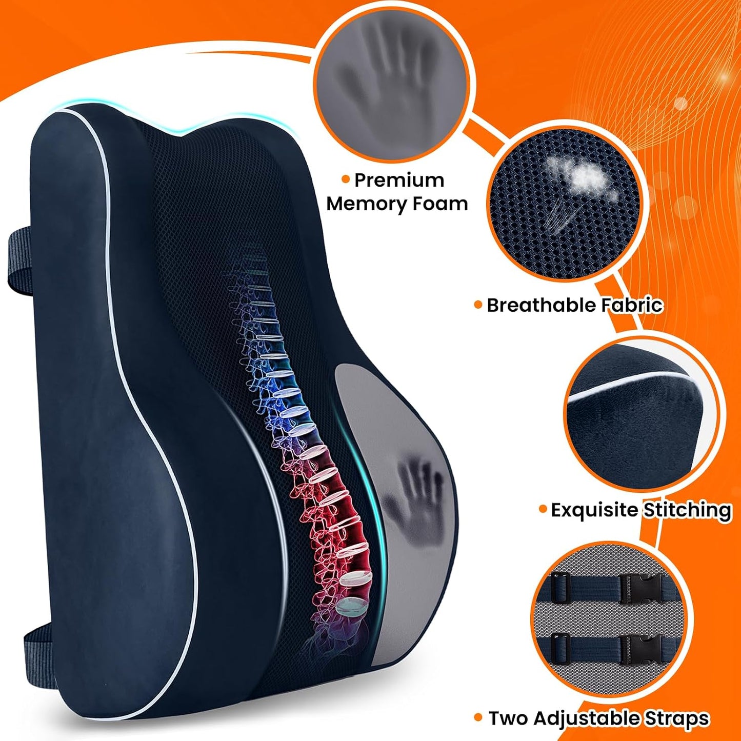 CloudBliss Ergonomic Lumbar Support Pillow – Memory Foam for Lower Back Pain Relief, Adjustable Straps & Mesh Cover for Office, Gaming, Car Seat & Home Essentials (Black)