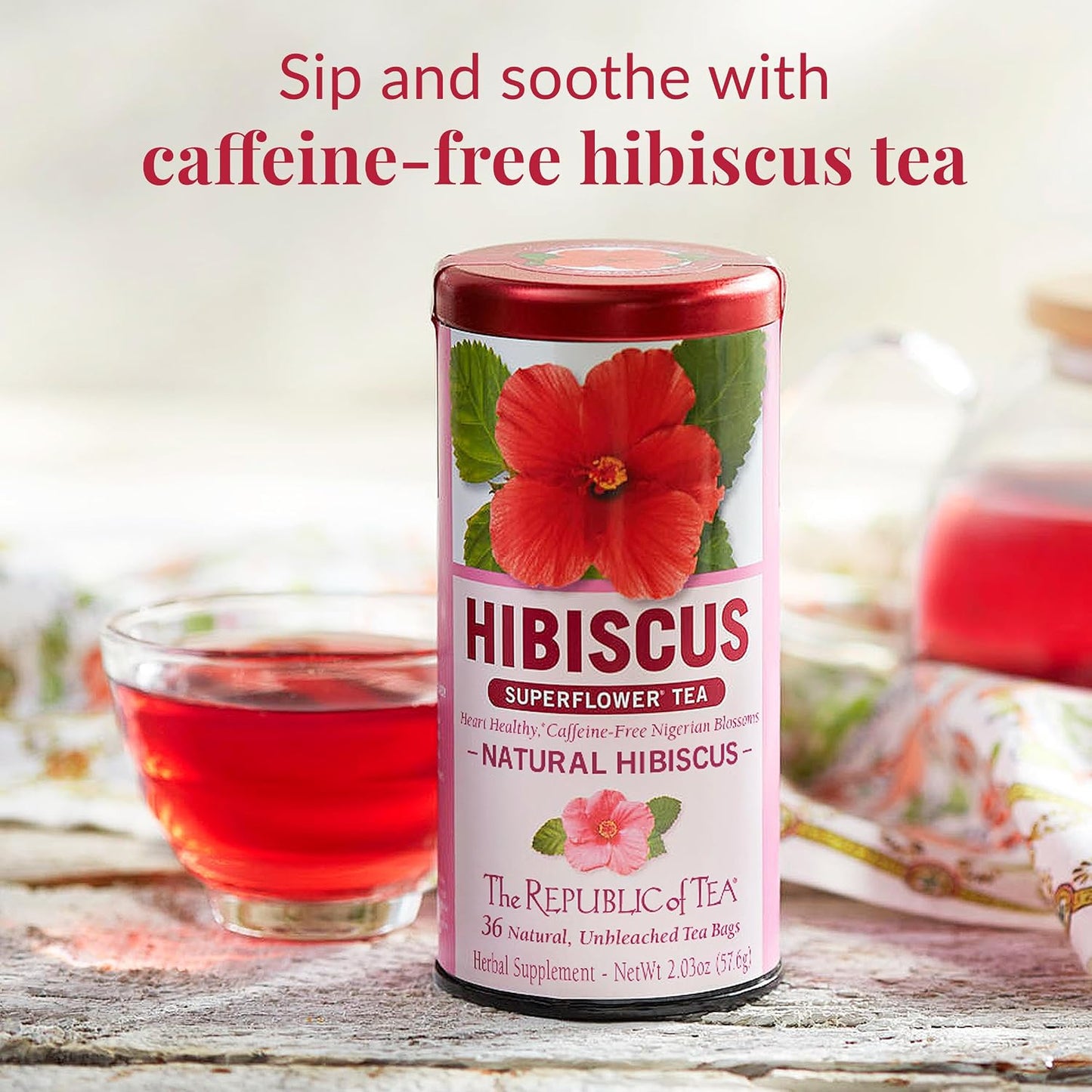 The Republic of Tea – Natural Hibiscus Tea, 36 Tea Bags, Herbal Blend, Caffeine Free, Gluten Free