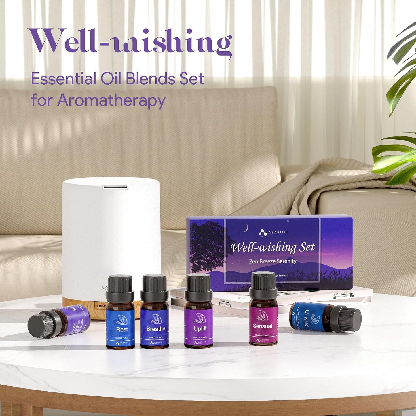 ASAKUKI Essential Oils for Diffuser –6 Mood Essential Oil Blends (Breathe, Uplift, Sensual, Balance, Unwind, Rest) for Morning to Night Rituals, Home & Daily Use-Thoughtful Gift