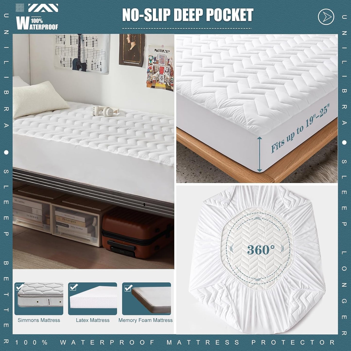UNILIBRA Queen Mattress Protector Waterproof, Deep Pocket Mattress Pad Cover Fits to 6''-21'', Breathable Hollow Cotton Filling Quilted Mattress Protector for Queen Size