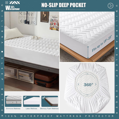 UNILIBRA Queen Mattress Protector Waterproof, Deep Pocket Mattress Pad Cover Fits to 6''-21'', Breathable Hollow Cotton Filling Quilted Mattress Protector for Queen Size