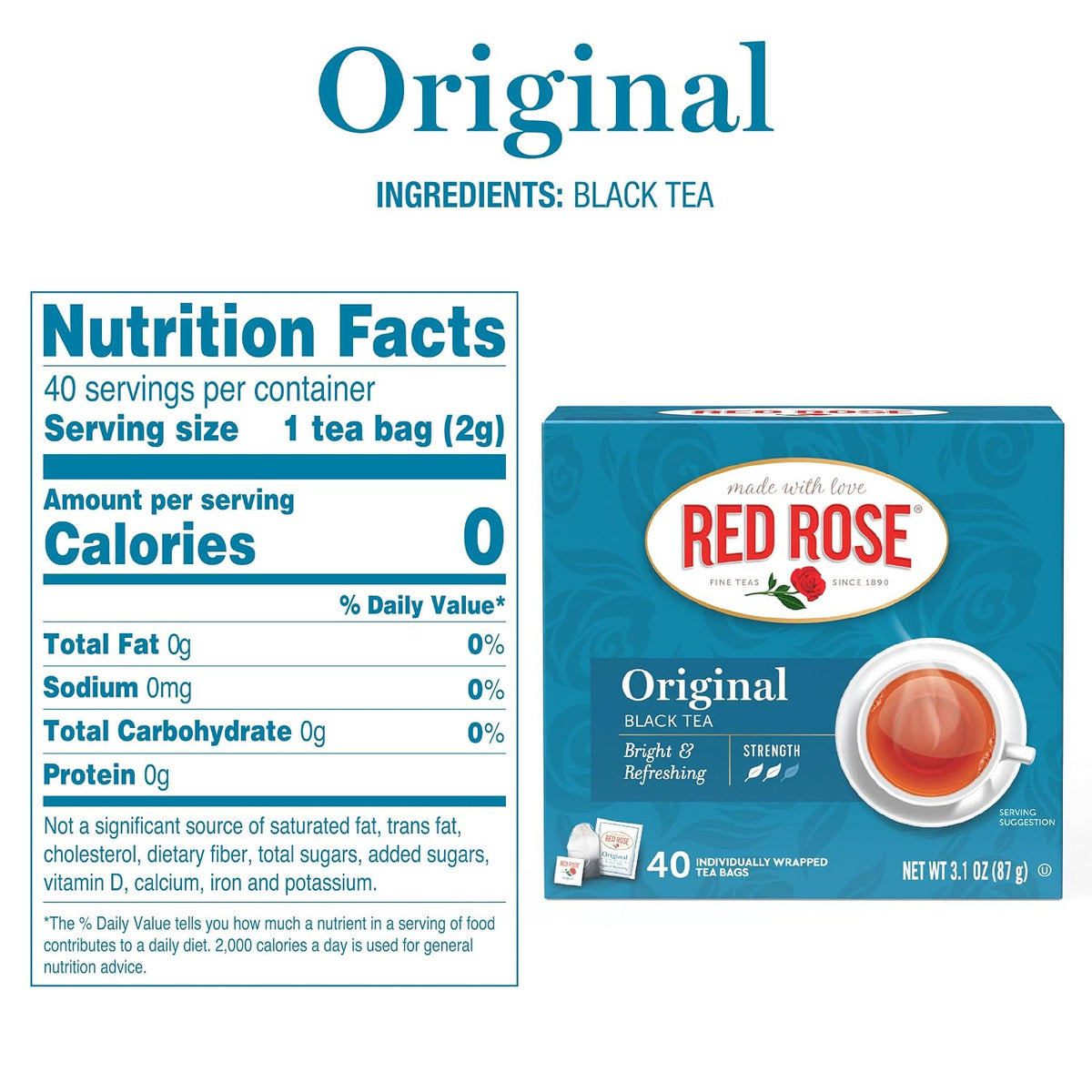 Red Rose Original Black Tea, Full-Flavored Strong Tea, 40 Tea Bags 6 Pack