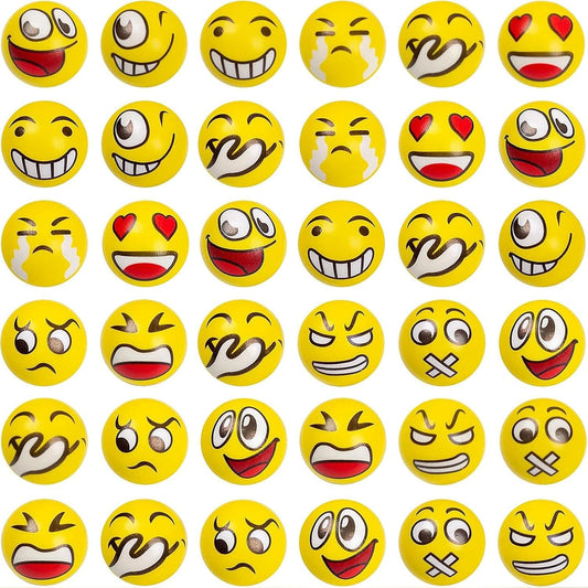 LovesTown 24 PCS Stress Balls Bulk for Party Favors, 2.5 Inch Funny Yellow Face Squeeze Toys Foam Face Squeeze Fidget Ball for Kids and Adult Stress Relief Gifts for Coworkers Classroom Prizes