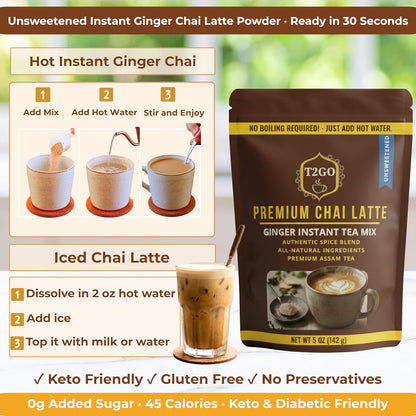 T2GO Unsweetened Ginger Chai Tea Latte Powder – No Added Sugar, 5 oz | Bold adrak ginger chai, unsweetened — real milk & spices built in, 45 cal, 0g added sugar