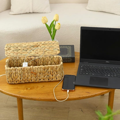 Wicker Cable Management Box Set of 2 with Lid, 15 in, Natural