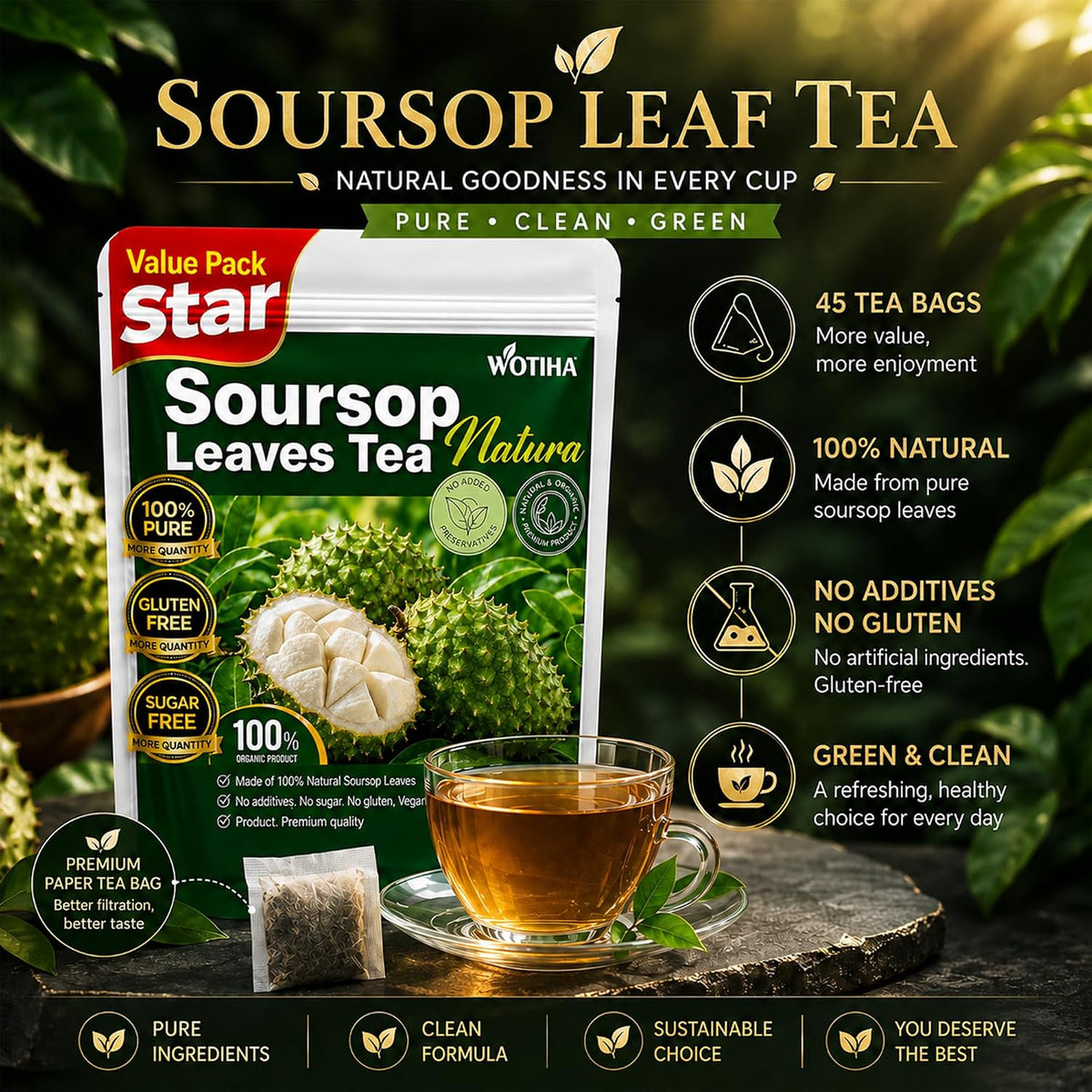 WOTIHA 45 Count Premium Soursop Graviola Tea Bags - 100% Natural soursop leaves, Non-GMO, Caffeine/Sugar/Gluten Free Vegan, Food-Grade Biodegradable Bags, Hojas De Guanabana.