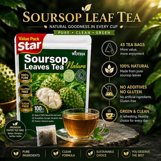 WOTIHA 45 Count Premium Soursop Graviola Tea Bags - 100% Natural soursop leaves, Non-GMO, Caffeine/Sugar/Gluten Free Vegan, Food-Grade Biodegradable Bags, Hojas De Guanabana.
