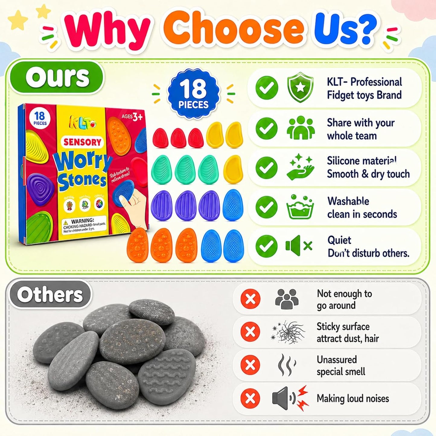 Fidget Toys Sensory Stone for Kids: 6 Pack Textured Soft Worry Stone for Autism Kids Calming - Fidget Stress Toys for Students Stress Relief - Small Prizes Fidget Toys