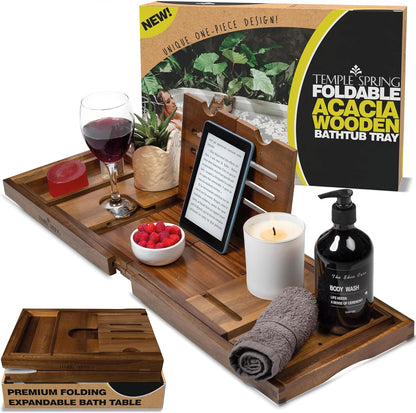 Temple Spring Bamboo Bathtub Tray Caddy for Tub — Expandable Wood Bath Tray with Solid Book Stand Wine Holder and Non-Slip Pads — Includes Bamboo Soap Dish and Spa Accessories — Luxury Bath Gift Set