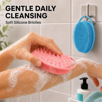 2 Pack Silicone Body Scrubber, Loofah Double-Sided Body Brush,Shower Scrubber and Scalp Massager Shampoo Brush for Sensitive Kids Women Men All Kinds of Skin (Black & Pink)