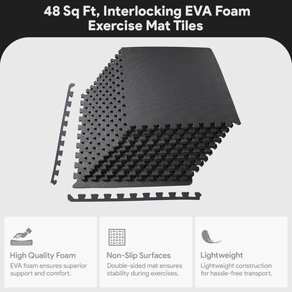 BalanceFrom Puzzle Exercise Mat 1/2" Thick, EVA Interlocking Foam Floor | Tiles for Home Gym, Mat for Home Workout Equipment, Floor Padding for Kids, Black, 24 in x 24 in x 1/2 in, 144 Sq Ft-36 Tiles