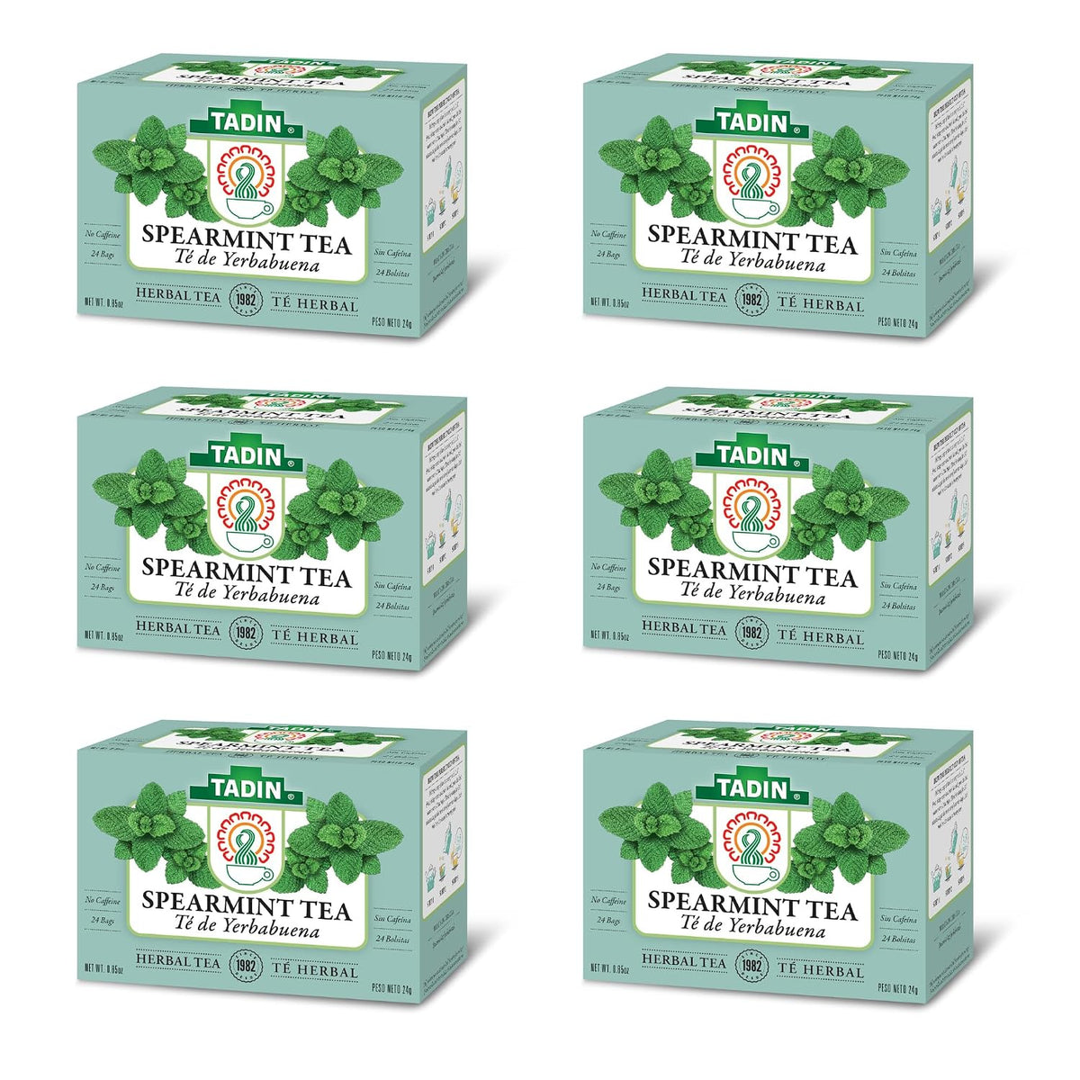 Tadin Spearmint Tea, Herbal Tea, Caffeine Free, Best Hot or Iced, 24 Tea Bags Per Box, Pack of 6