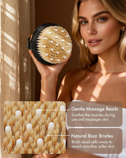 Dry Brushing Body Brush for Massage - Natural Boar Bristle Exfoliating Brush with Massage Nodes for Lymphatic Drainage, Cellulite, Blood Circulation Improving Skin Health for Women Men Elderly(Grey)