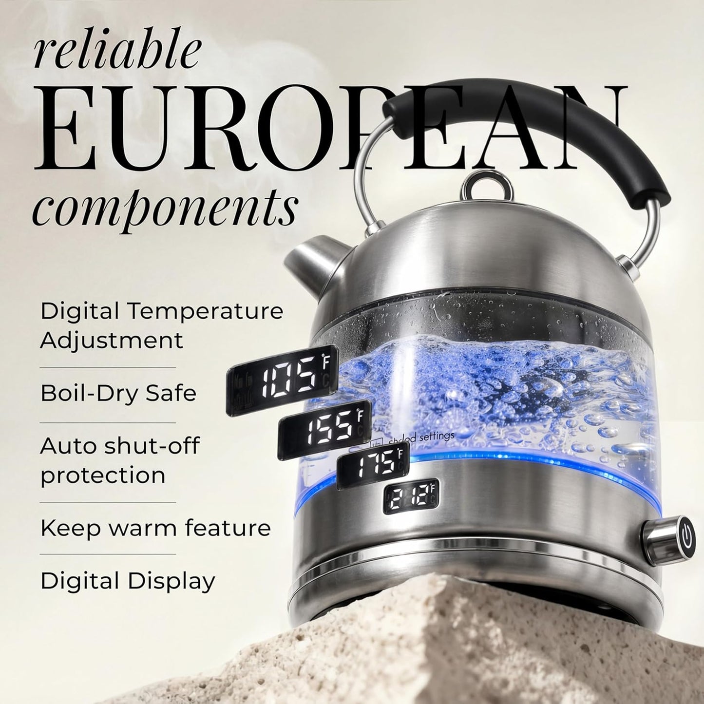 Stainless Steel Electric Kettle with Temperature Control - BPA and Plastic Free Electric Kettle with Keep Warm Function, Borosilicate Glass - Fast 1500W Hot Water Boiler, Auto Shut-Off
