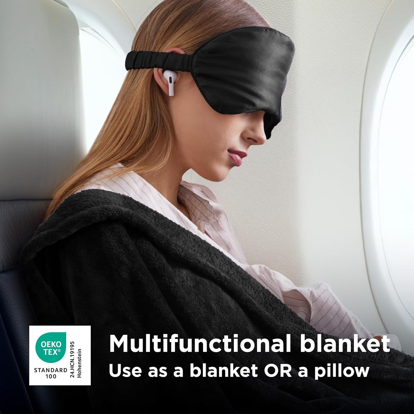 Bedsure Travel Blanket Airplane Compact with Storage Bag, Packable Blanket with Eye Mask, Lightweight 2-in-1 Travel Essentials, Functioned as Pillow for Airplane Comfort and Warmth, Pink