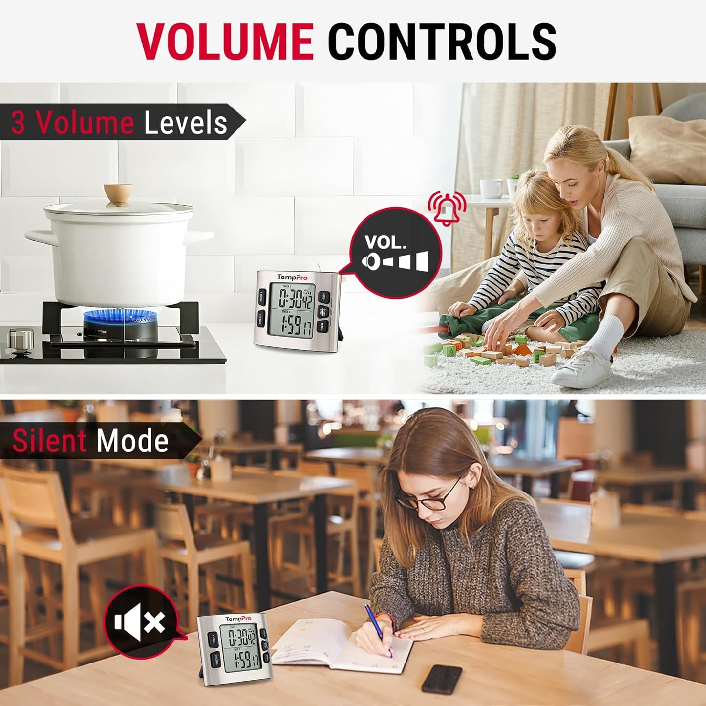 TempPro TM02 24H Digital Timer with Dual Kitchen Timers for Cooking, Magnetic Timer Clock with Adjustable Alarm Volume & LCD Backlit Display, Classroom Timer for Kids & Teachers(Previously ThermoPro)