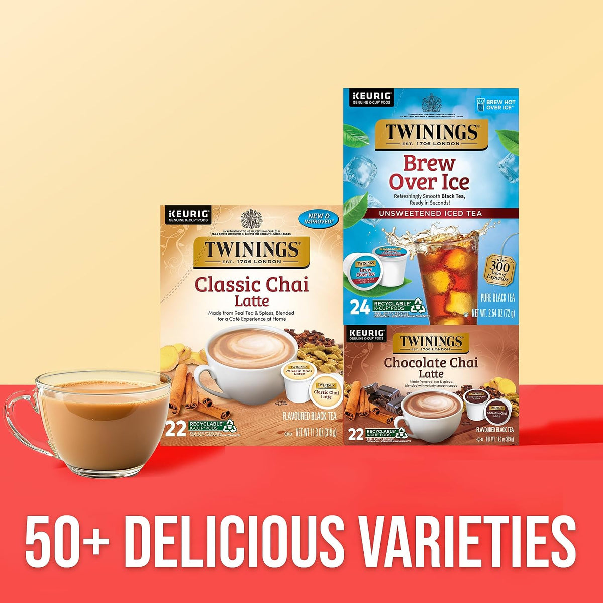 Twinings Chai Latte Black Tea K-Cup Pods for Keurig, 22 Count (Pack of 1), Creamy, Slightly Sweet, Less Sugar, Caffeinated, Enjoy Hot or Iced