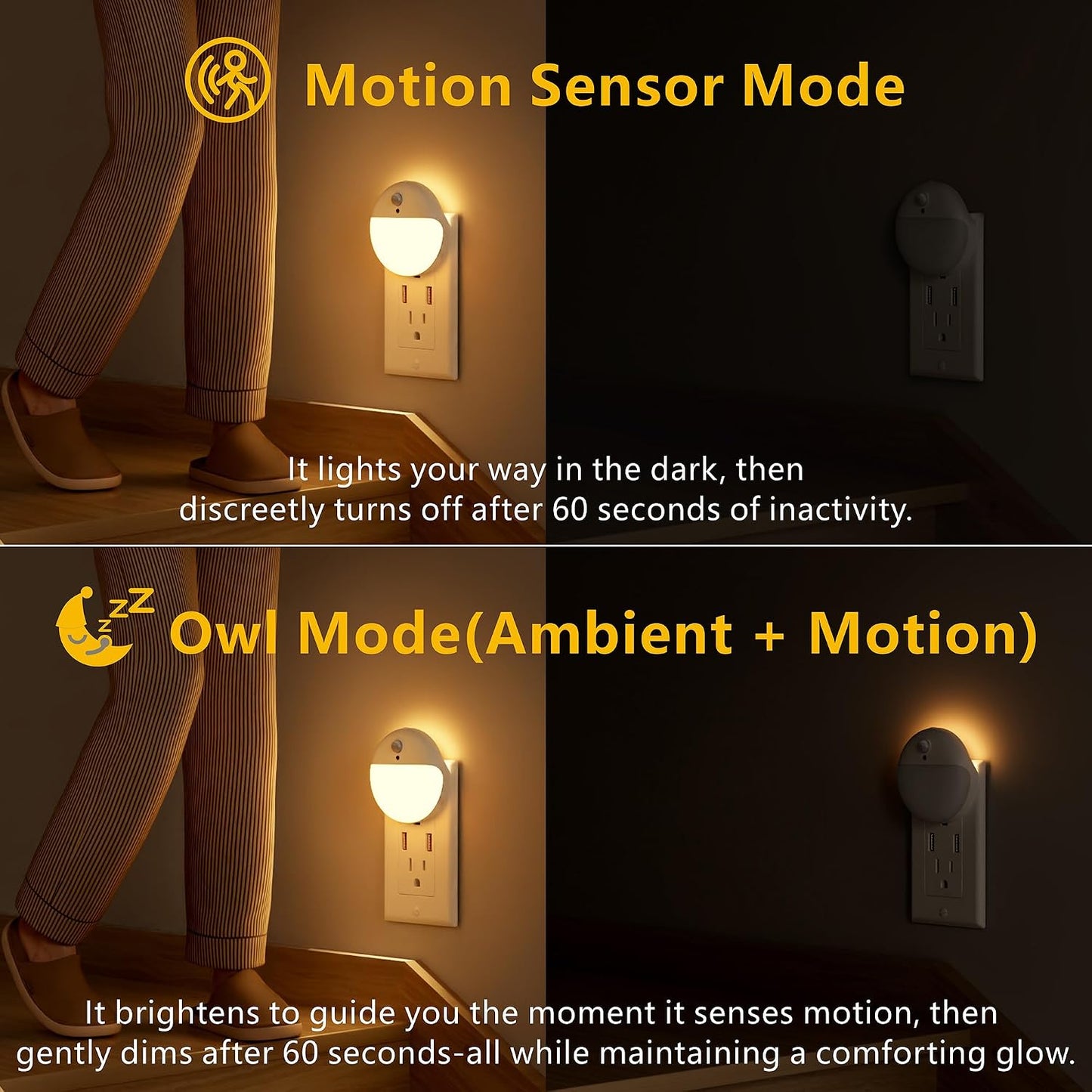 YUNLEX 2 Pack Plug in Sleep Night Light with Motion Sensor and Dusk to Dawn Sensor, 3 Modes, Soft Glow, Stepless Dimming, LED Lights for Bedroom, Sleep, Baby Nursery, Kids, Toddler, Home Decor (Amber)