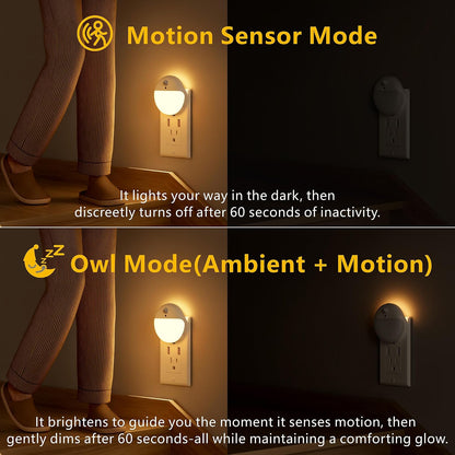YUNLEX 2 Pack Plug in Sleep Night Light with Motion Sensor and Dusk to Dawn Sensor, 3 Modes, Soft Glow, Stepless Dimming, LED Lights for Bedroom, Sleep, Baby Nursery, Kids, Toddler, Home Decor (Amber)