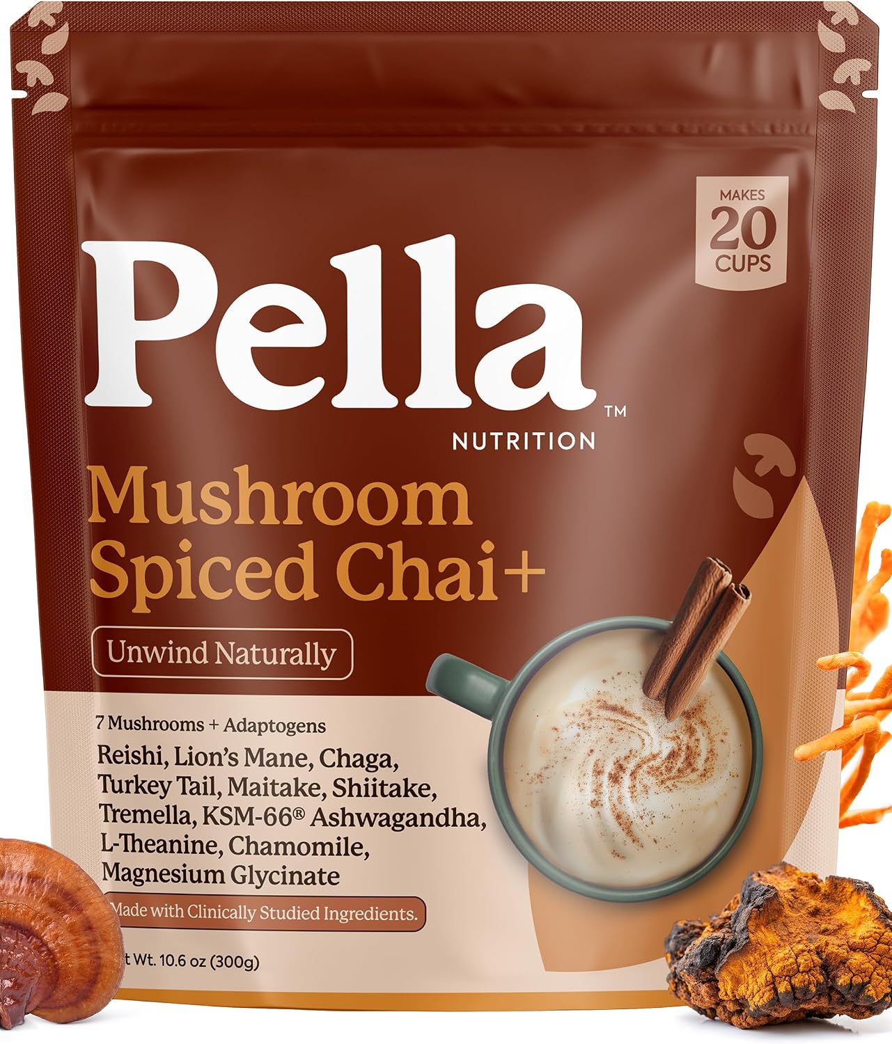 Pella Nutrition Instant Mushroom Spiced Chai Latte for Relaxation - 20 Cups