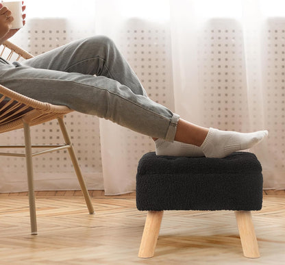 OGEMXU Storage Ottoman, Small Foot Stool Ottoman with Storage, Boucle Teddy Velvet Foot Rest with Padded Seat, Sturdy Wood Legs Stool for Living Room, Bedroom, Couch, Enterway (Cream)