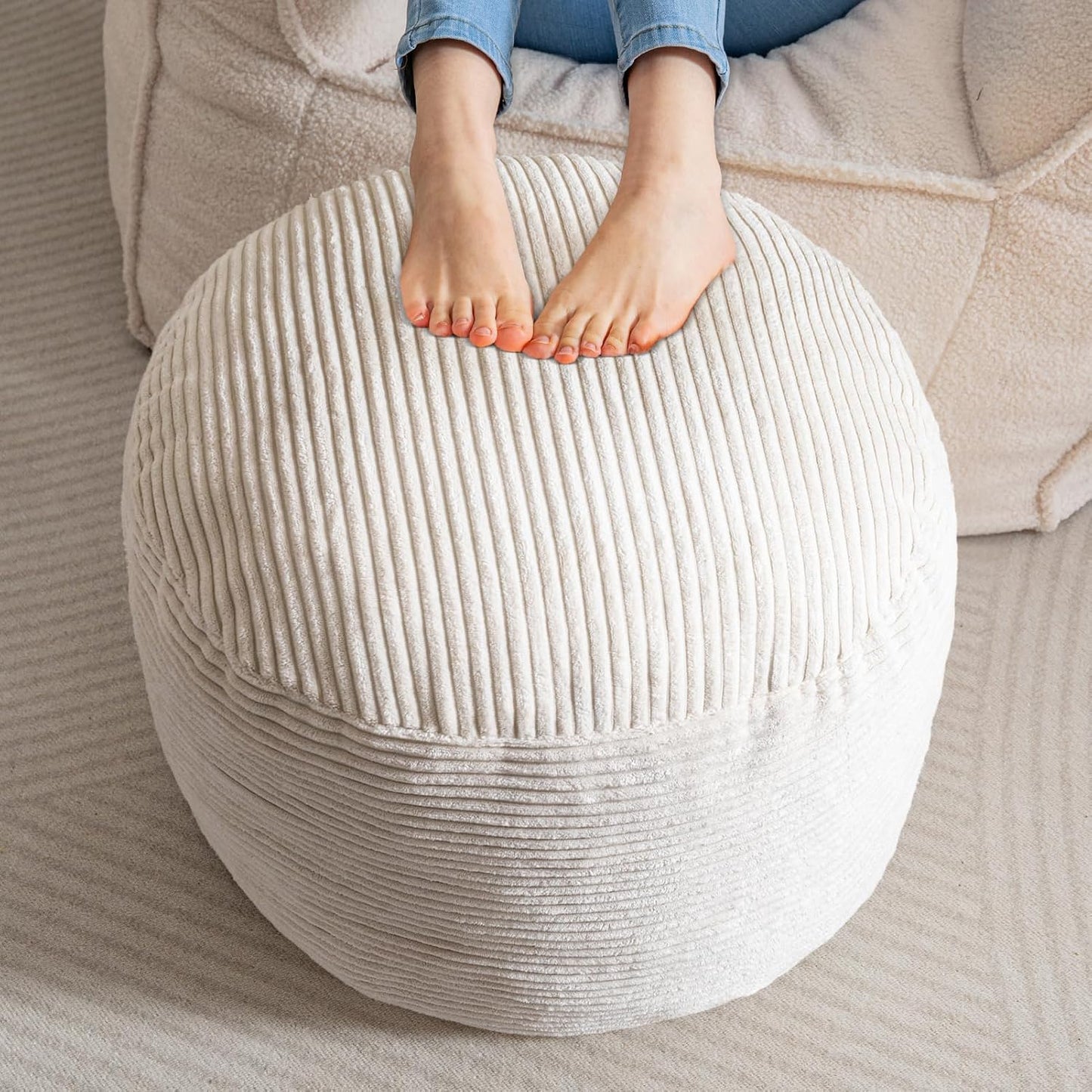 HIGOGOGO Pouf Ottoman Stuffed Round Modern Foam Filled Foot Rest Poufs for Living Room Chair Decorative 20 X 15 Inches Boho Relax Stool for Wedding Christmas Party, Beige