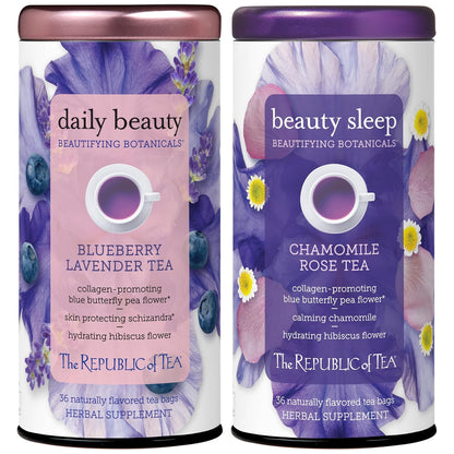 The Republic of Tea – Beautifying Botanicals - Daily Beauty and Beauty Sleep Herbal Tea Bundle – 36 Count Tea Bags Each