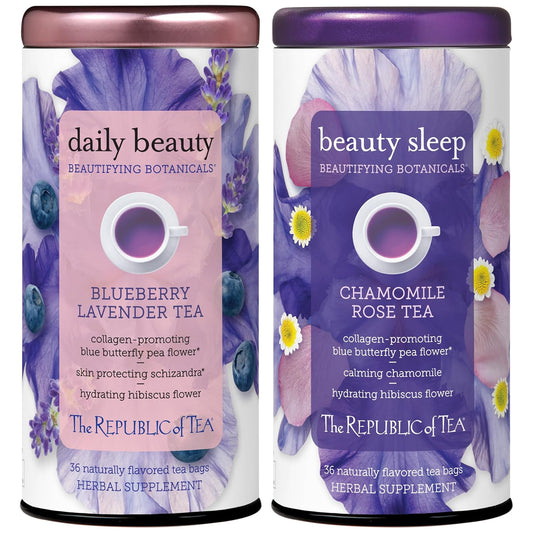 The Republic of Tea – Beautifying Botanicals - Daily Beauty and Beauty Sleep Herbal Tea Bundle – 36 Count Tea Bags Each