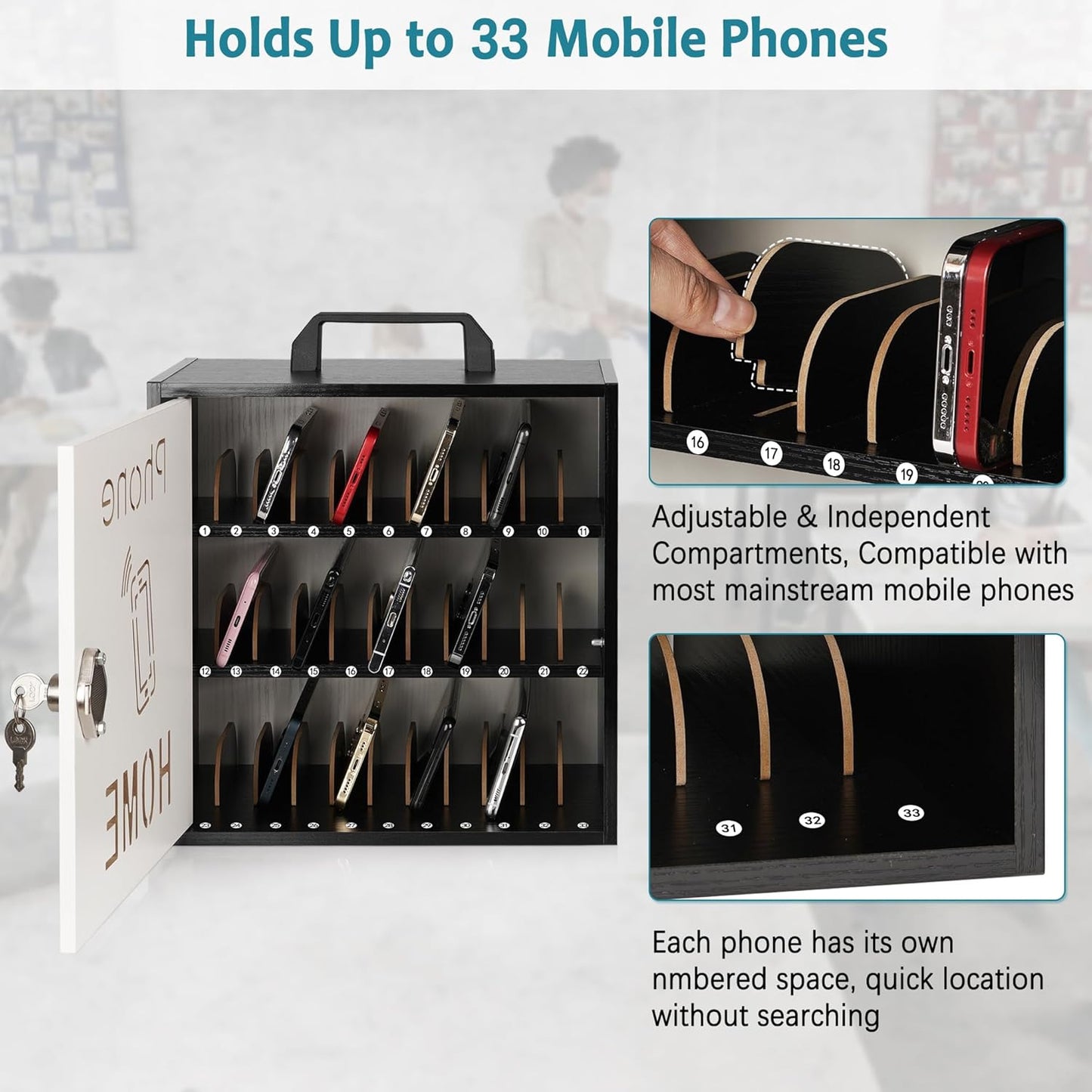 Wooden Phone Lock Box, Cell Phone Locker with 33 Adjustable Dividers | Phone Storage Cabinet with Security Lock & Handle, Desktop Phone Organizer for Classroom, Office & Repair Shops