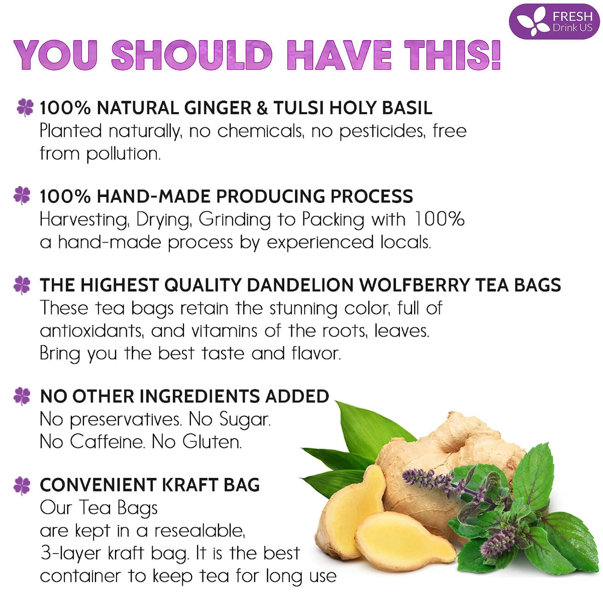 FreshDrinkUS, Premium 75 Ginger Tulsi Tea Bags, 100% Natural, Hand-made Blend of Ginger and Tulsi Holy Basil Leaves, Eco-conscious Tea Bags. Herbal Tea. No Sugar, No Caffeine, Vegan.