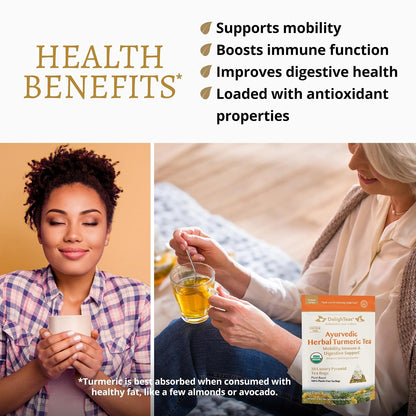 DelighTeas Ayurvedic Herbal Turmeric Tea Bags for Mobility Support | Eco-friendly Compostable Pyramid | Organic Turmeric, Ginger, Lemongrass & Licorice | Caffeine-Free, Kosher | 30 Tea Bags 4g Each